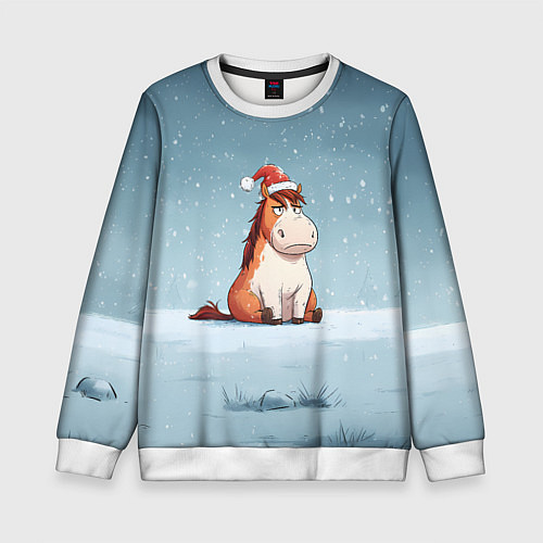 Детский свитшот Лошадь сидит на снегу / 3D-Белый – фото 1