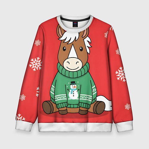 Детский свитшот Новогодняя лошадка в зеленом свитере / 3D-Белый – фото 1