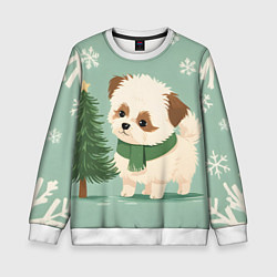 Свитшот детский Новогодний песик с елочкой, цвет: 3D-белый