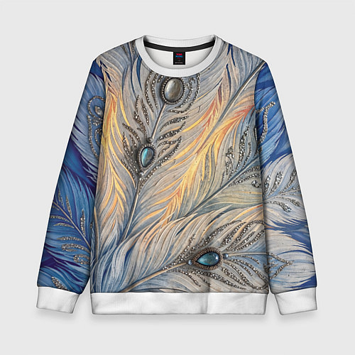 Детский свитшот Синие перья с самоцветами / 3D-Белый – фото 1