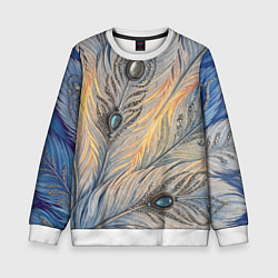 Свитшот детский Синие перья с самоцветами, цвет: 3D-белый