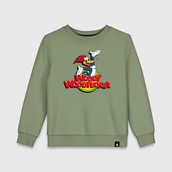 Свитшот хлопковый детский Дятел Вуди лого, цвет: авокадо