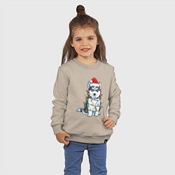 Свитшот хлопковый детский НОВОГОДНИЙ ХАСКИ В ГИРЛЯНДЕ, цвет: миндальный — фото 2
