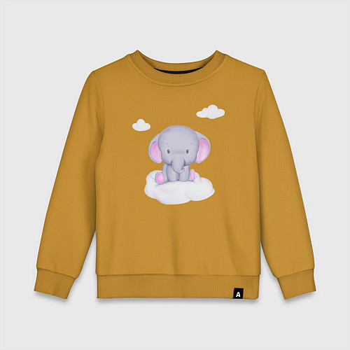 Детский свитшот Милый Слонёнок Сидит На Облачке Среди Облаков / Горчичный – фото 1