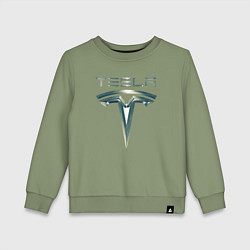 Свитшот хлопковый детский Tesla Logo Тесла Логотип Карбон, цвет: авокадо