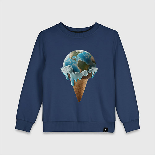 Детский свитшот Земля в виде таящего шарика мороженого на рожке / Тёмно-синий – фото 1