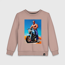 Свитшот хлопковый детский Arnold Schwarzenegger on a motorcycle -neural netw, цвет: пыльно-розовый