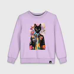 Свитшот хлопковый детский Чёрный кот модник - нейросеть, цвет: лаванда