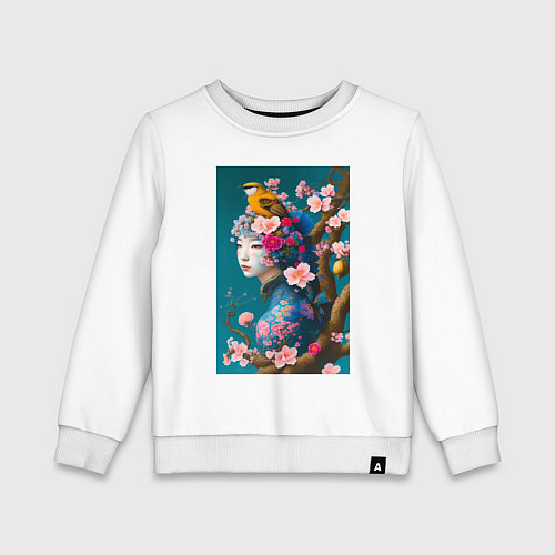 Детский свитшот Девушка с птицей на фоне цветущей сакуры / Белый – фото 1