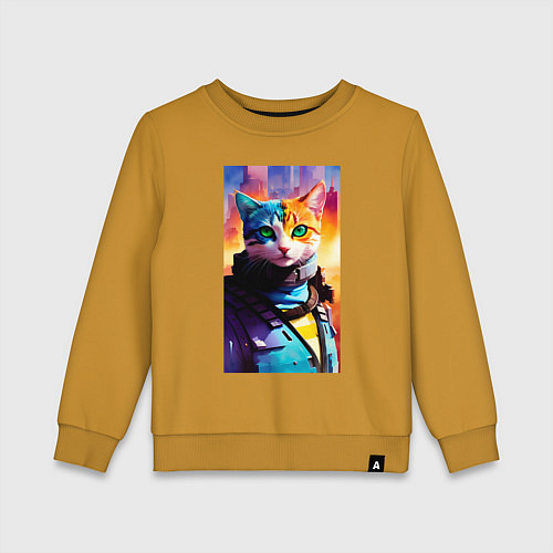 Детский свитшот Забавный котик - киберпанк / Горчичный – фото 1