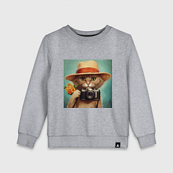 Свитшот хлопковый детский Кот в соломенной шляпе с фотоаппаратом, цвет: меланж