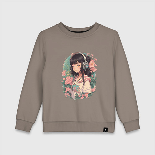 Детский свитшот Девочка в стиле анимэ в наушниках среди цветов пор / Утренний латте – фото 1