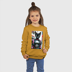 Свитшот хлопковый детский Крутая чёрная кошечка - нейросеть - киберпанк, цвет: горчичный — фото 2