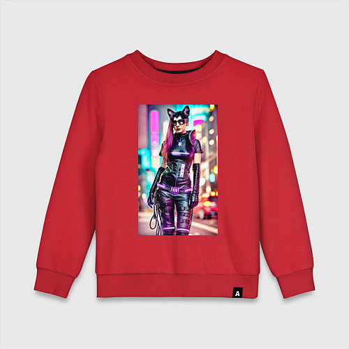 Детский свитшот Cyberpunk - cat girl - neural network / Красный – фото 1