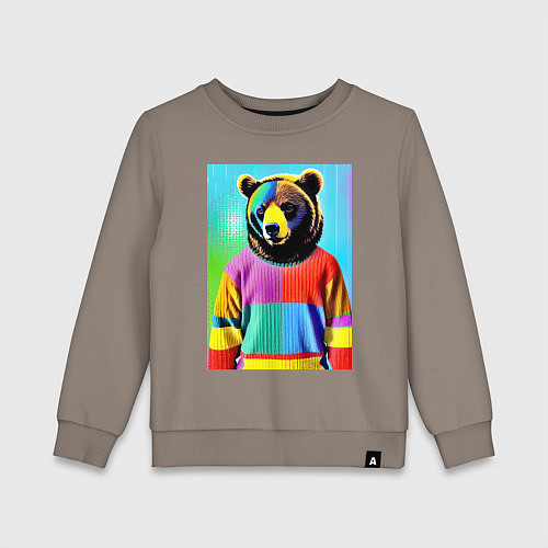 Детский свитшот Мишутка в пэчворк свитере - поп-арт ai / Утренний латте – фото 1
