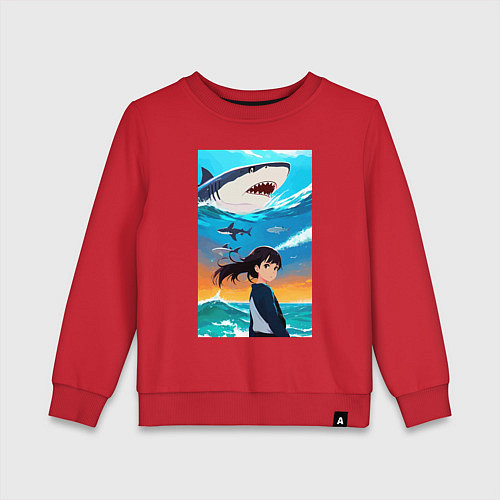 Детский свитшот Маленькая девочка и белая акула / Красный – фото 1