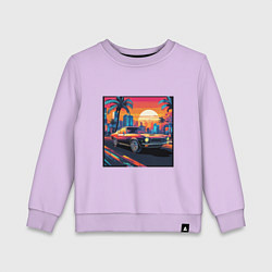 Свитшот хлопковый детский Ретро машина и футуристический город на закате, цвет: лаванда