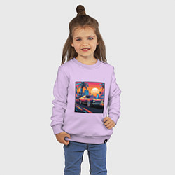Свитшот хлопковый детский Ретро машина и футуристический город на закате, цвет: лаванда — фото 2