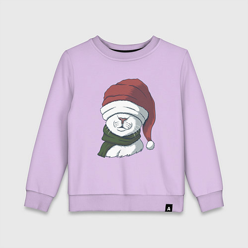 Детский свитшот Белый кот в новогодней шапочке / Лаванда – фото 1