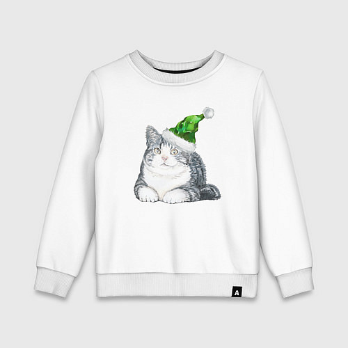 Детский свитшот Котик в зеленой новогодней шапке / Белый – фото 1