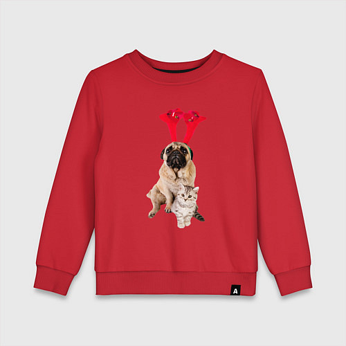 Детский свитшот Мопс с ушками и котёнок / Красный – фото 1