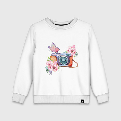 Детский свитшот Фотоаппарат в цветах и бабочки / Белый – фото 1