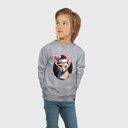 Свитшот хлопковый детский Кот породы Девон-рекс в новогодней шапке, цвет: меланж — фото 2