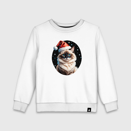 Детский свитшот Кот породы Рэгдолл в новогодней шапке / Белый – фото 1