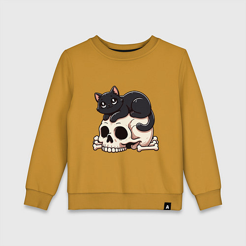 Детский свитшот Черный кот лежит на черепе / Горчичный – фото 1