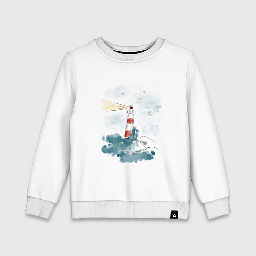Детский свитшот Маяк и волны - акварель / Белый – фото 1