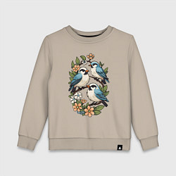 Свитшот хлопковый детский Три птицы на ветках в цветах, цвет: миндальный