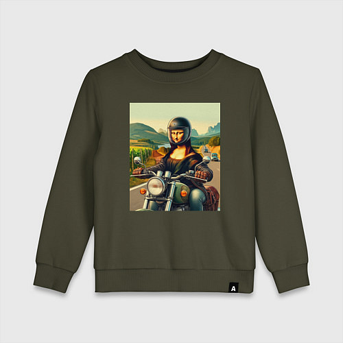 Детский свитшот Mona Lisa on a motorcycle - ai art / Хаки – фото 1