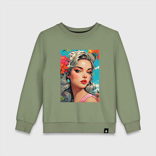 Детский свитшот Летнее настроение - красивая девушка в цветахв цве / Авокадо – фото 1