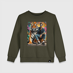 Свитшот хлопковый детский Чувак хипстер с тигром - нейросеть, цвет: хаки