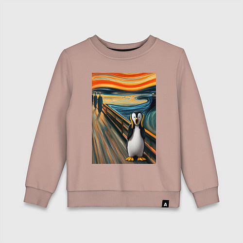 Детский свитшот Пингвин кричит - мем картина Мунка ai art / Пыльно-розовый – фото 1