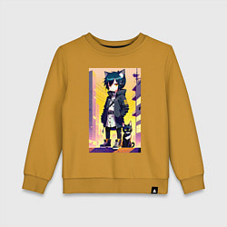 Свитшот хлопковый детский Девочка с кошкой на крыше - нейросеть, цвет: горчичный
