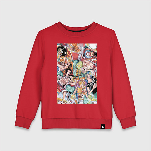 Детский свитшот Ван-Пис Дзимбэ коллаж отдыхающей команды / Красный – фото 1