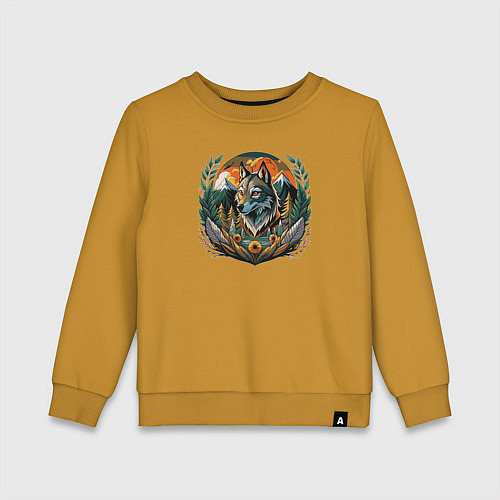 Детский свитшот Волк на фоне гор / Горчичный – фото 1