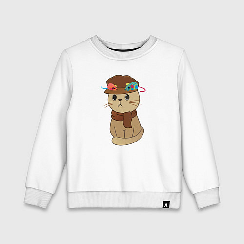 Детский свитшот Милый котик в кепке и с шарфиком - художник / Белый – фото 1