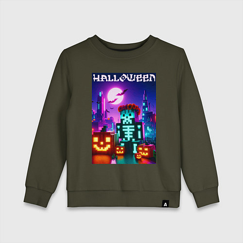 Детский свитшот Pumpkin and skeleton - neon glow / Хаки – фото 1