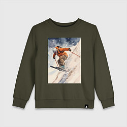 Свитшот хлопковый детский Горные лыжи спортсмен, цвет: хаки