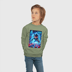 Свитшот хлопковый детский Hedgehog in neon metropolis - ai art, цвет: авокадо — фото 2