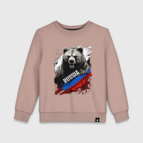 Детский свитшот Русский медведь на фоне флага России / Пыльно-розовый – фото 1