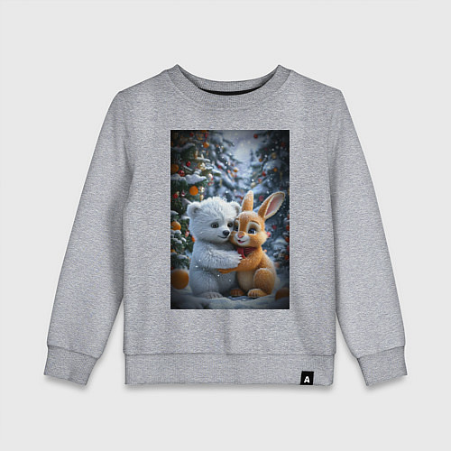Детский свитшот Мишка и зайчик у новогодней елочки / Меланж – фото 1