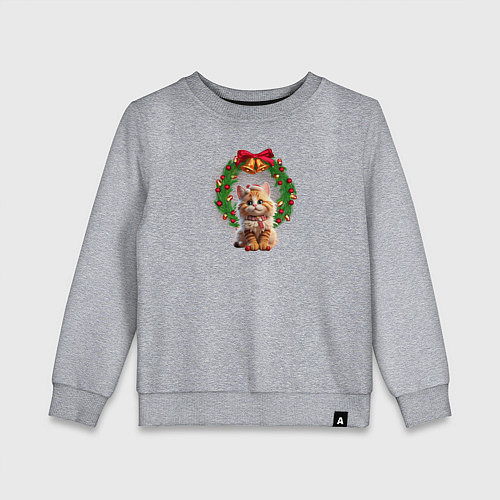Детский свитшот Новогодний котик с рождественским венком / Меланж – фото 1