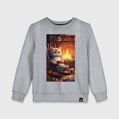 Детский свитшот Уютный кот у камина с чашкой какао / Меланж – фото 1