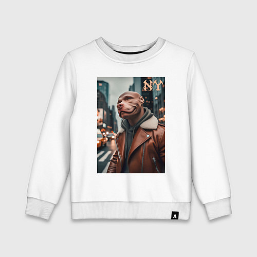 Детский свитшот Чувак питбуль смотрящий Нью-Йорка - нейроарт / Белый – фото 1