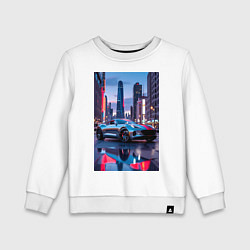 Свитшот хлопковый детский Суперкар на фоне небоскребов, цвет: белый