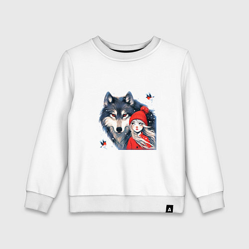 Детский свитшот Красивый серый волк и шапочка Красная / Белый – фото 1