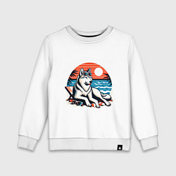 Свитшот хлопковый детский Хаски отдыхает на пляже, цвет: белый